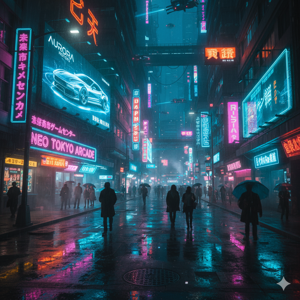 Cyberpunk street scene with neon lights and rain