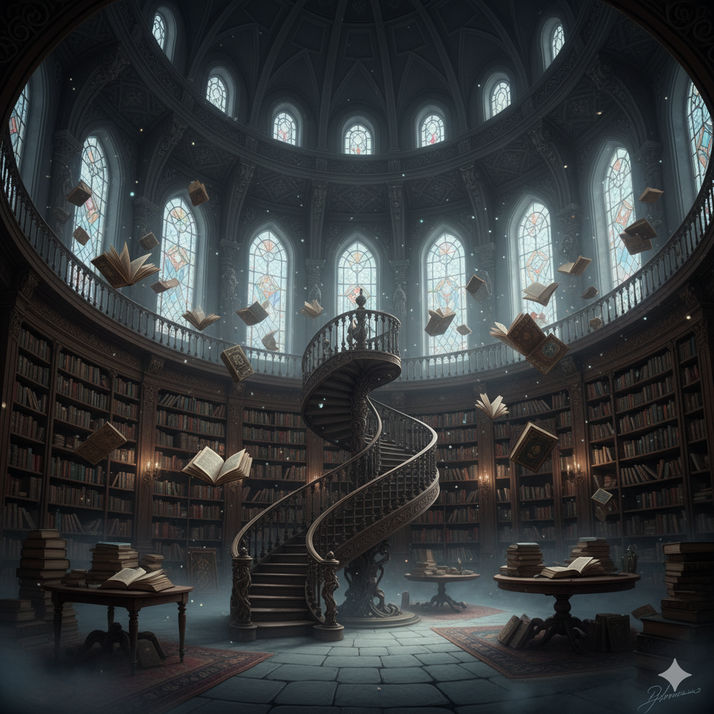 Enchanted fantasy library with floating books